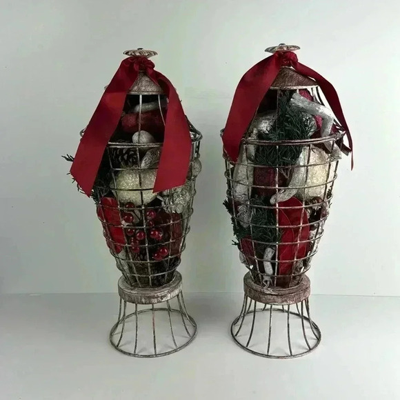 Christmas Metal farm house vasesw/ greenery & silver & red decorative items